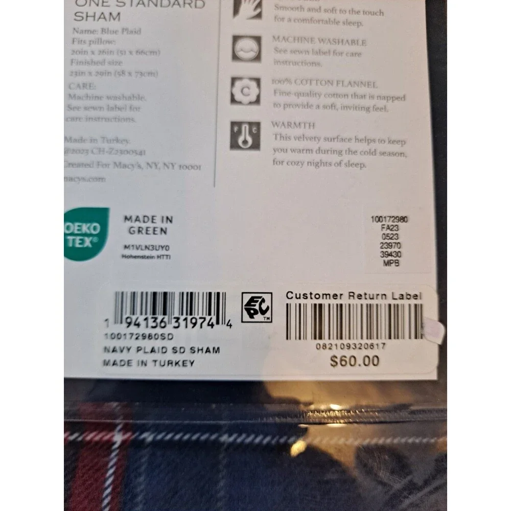 Charter Club Navy Plaid Flannel 100% Cotton Shams Pillow Sz 20